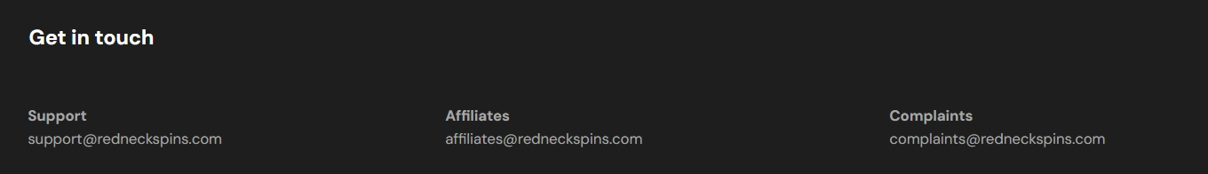 RedNeck Spins Casino contact section with support, affiliates and complaints emails
