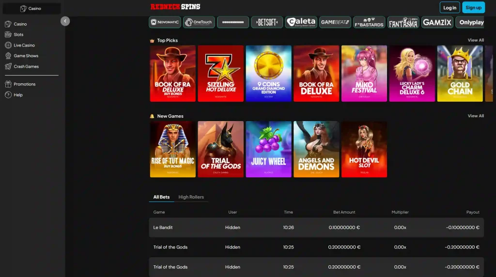 RedNeck Spins Casino homepage with slots lobby top picks and new games
