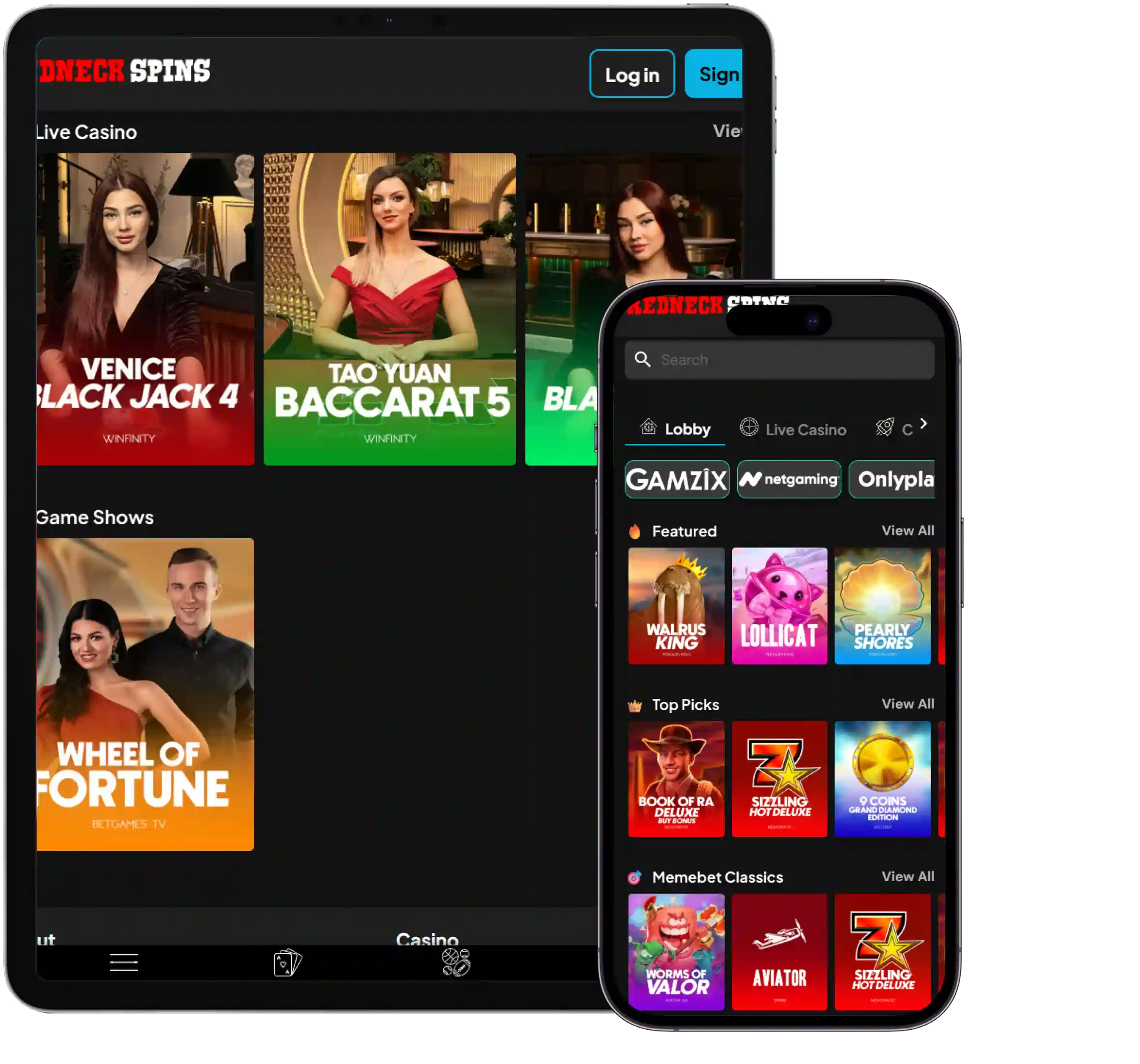 RedNeck Spins Casino mobile interface with live casino and slot games on smartphone