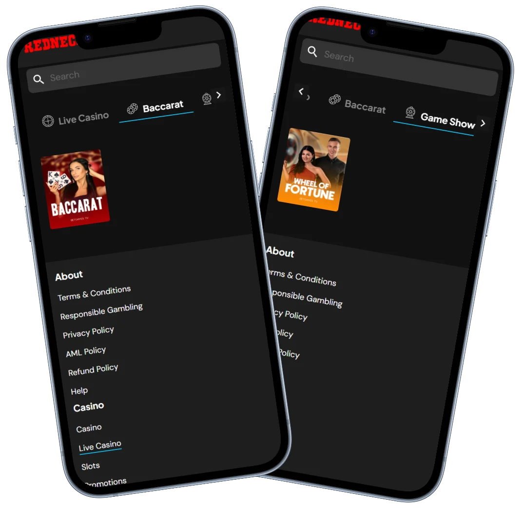 RedNeck Spins Casino mobile interface showing live casino baccarat and game show sections