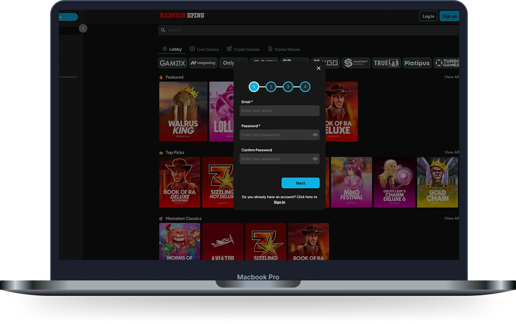 RedNeck Spins Casino registration form on desktop interface with account creation steps